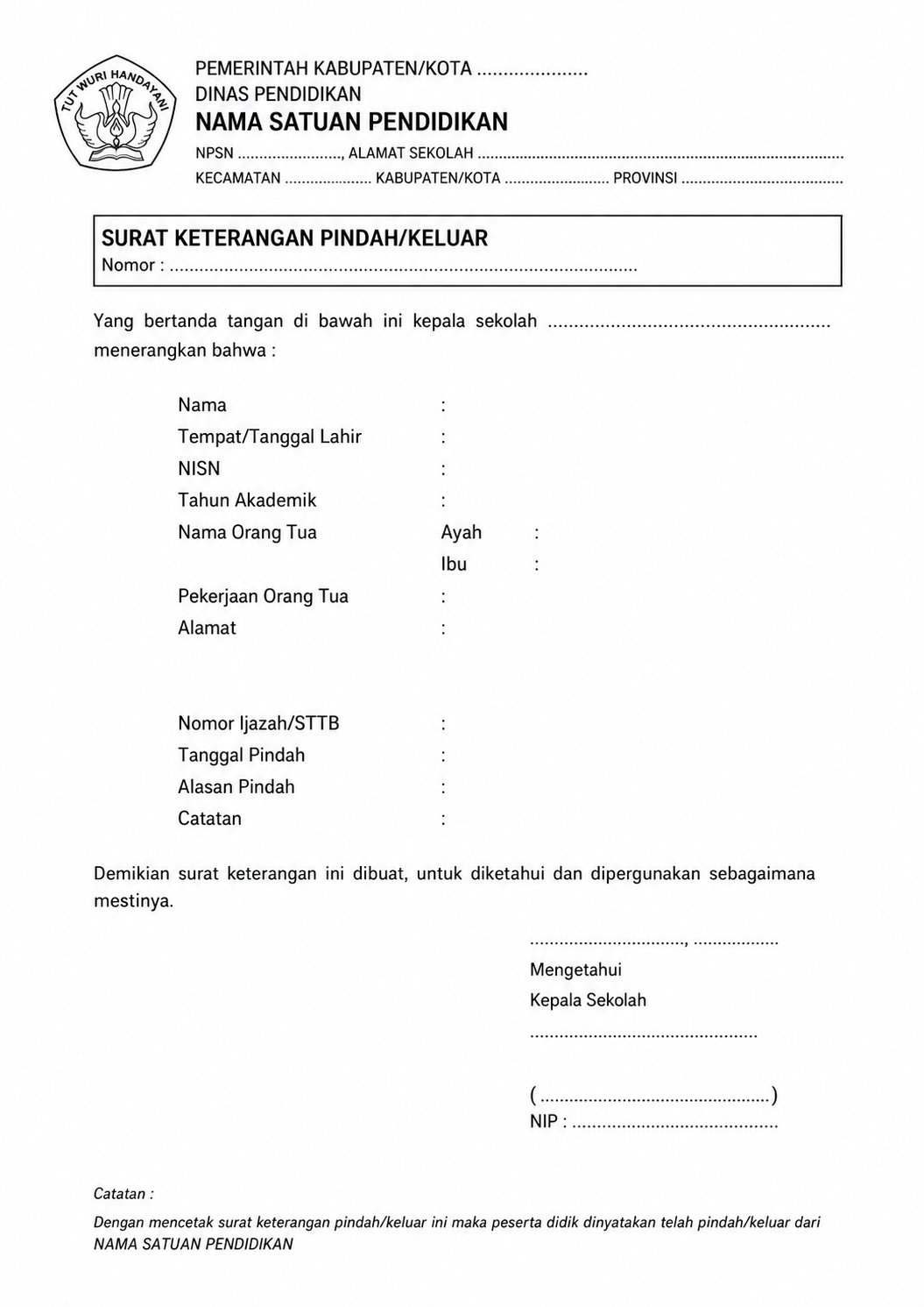 Contoh Surat Mutasi Dapodik